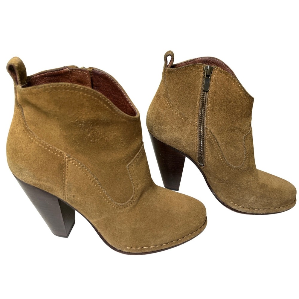 Frye Madeleine Suede Ankle Boots Brown Leather Lined Stacked Heel 8.5 - Picture 5 of 8